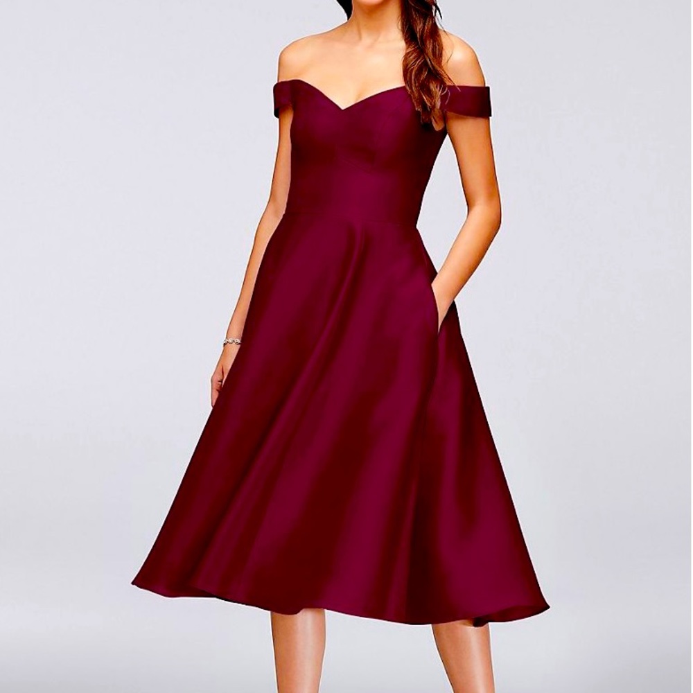 David’s Bridal Off-the-Shoulder Tea-Length Bridesmaid Dress in Wine